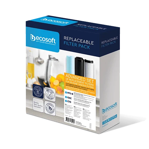 Улучшенный комплект картриджей Ecosoft 1-2-3 для фильтра обратного осмоса коробка